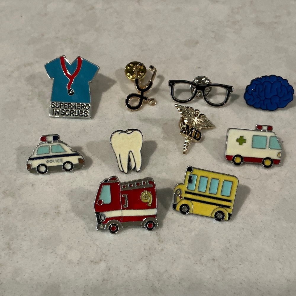 10 tac pins, FIRE, SCHOOL, AMBULANCE, POLICE, MD, TOOTH, BRAIN, SCRUBS, GLASSES